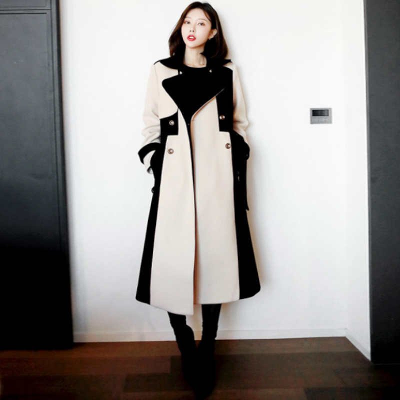 【即納】バイカラーモノトーンロングトレンチコート