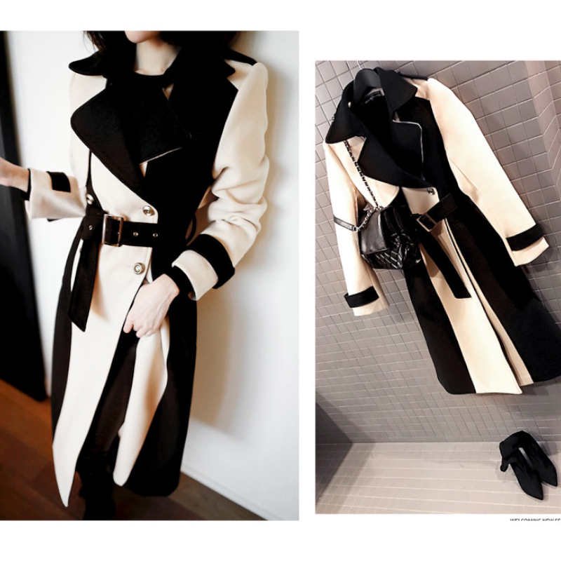 【即納】バイカラーモノトーンロングトレンチコート