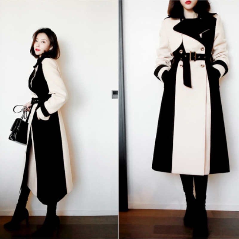 【即納】バイカラーモノトーンロングトレンチコート