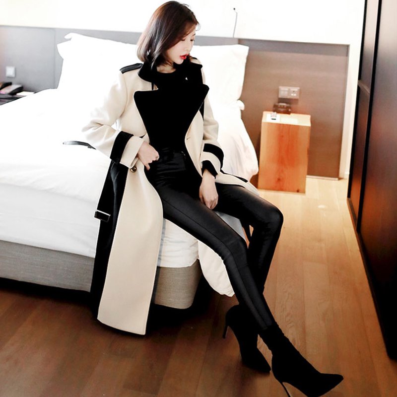 【即納】バイカラーモノトーンロングトレンチコート