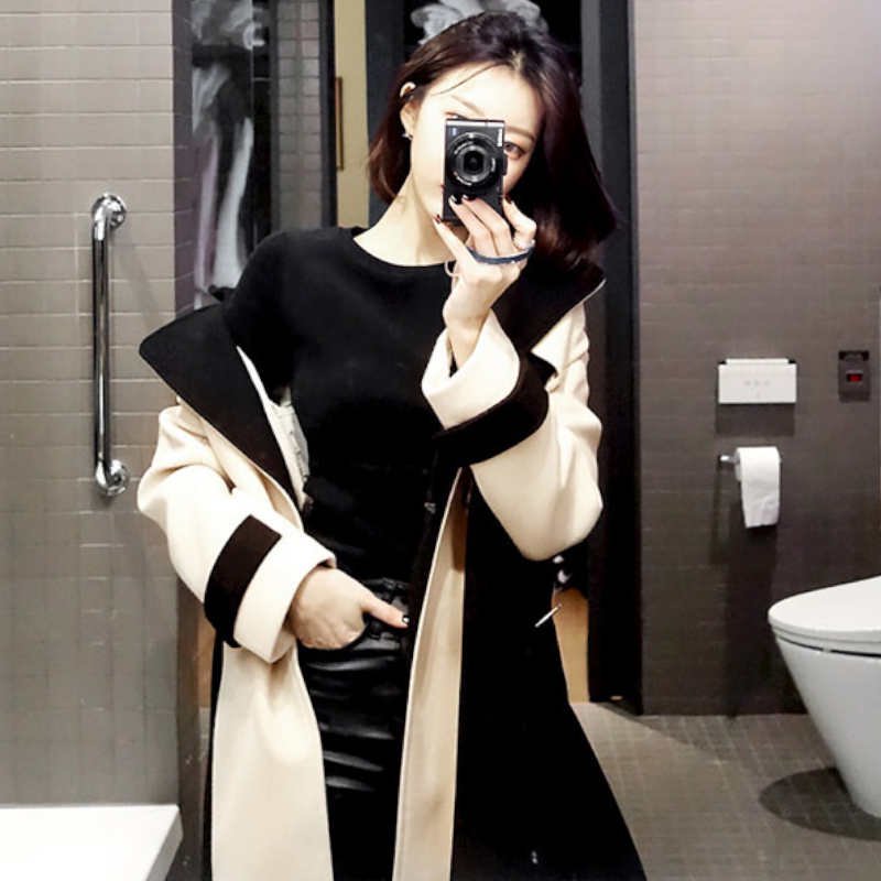 【即納】バイカラーモノトーンロングトレンチコート