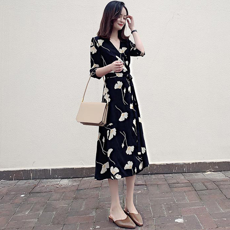 【即納】モダンフラワープリントカシュクールワンピース