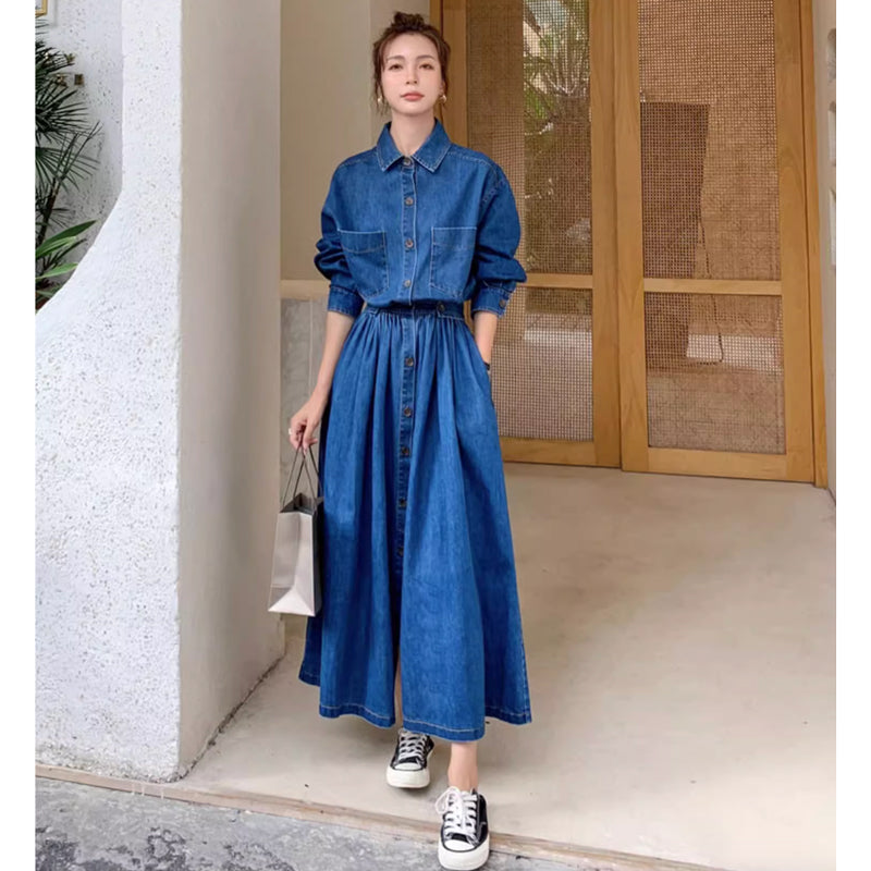 【即納】Aラインデニムシャツワンピース
