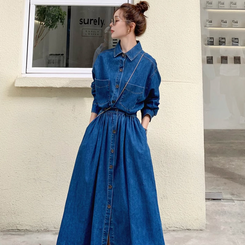 【即納】Aラインデニムシャツワンピース