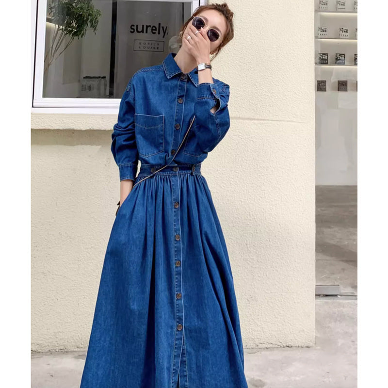 【即納】Aラインデニムシャツワンピース