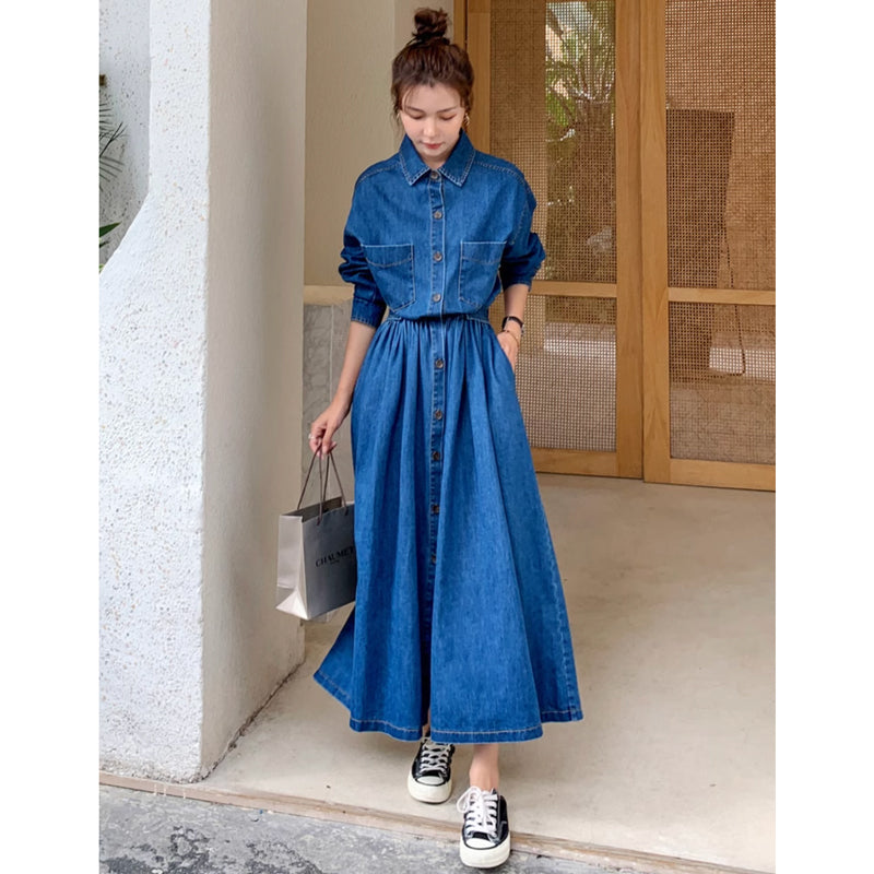 【即納】Aラインデニムシャツワンピース