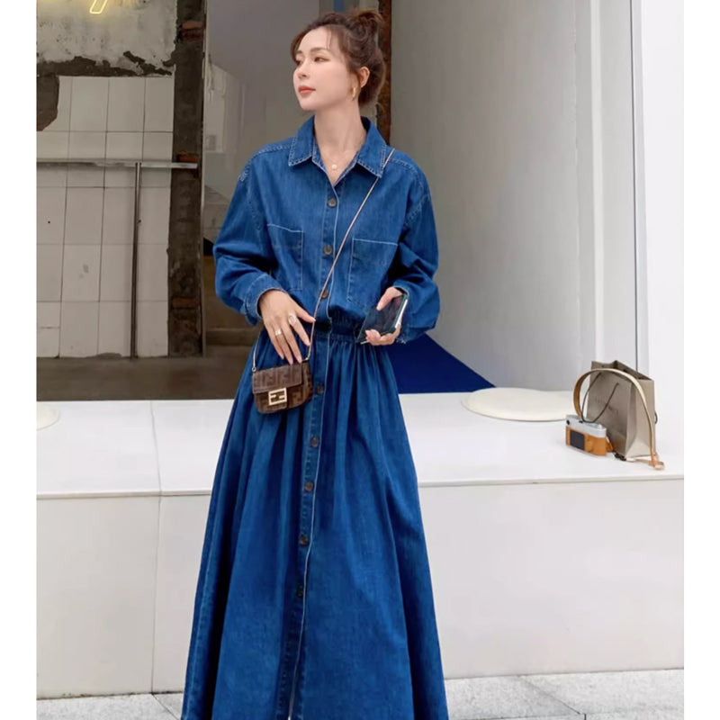 【即納】Aラインデニムシャツワンピース