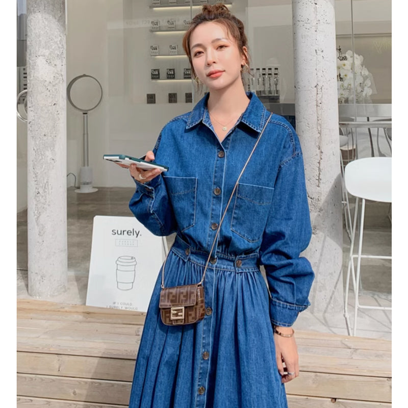 【即納】Aラインデニムシャツワンピース