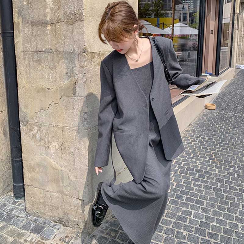 【即納】ノーカラージャケット×マキシ丈ワンピース