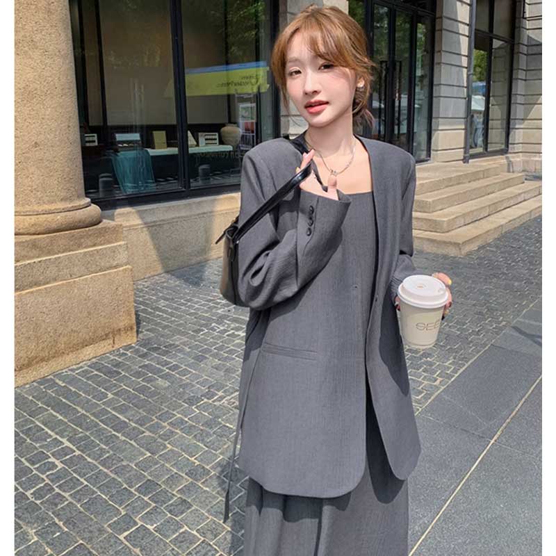 【即納】ノーカラージャケット×マキシ丈ワンピース