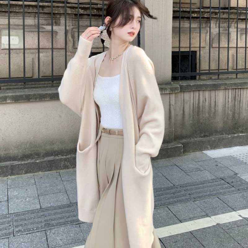 【即納】ミディ丈ニットカーディガン