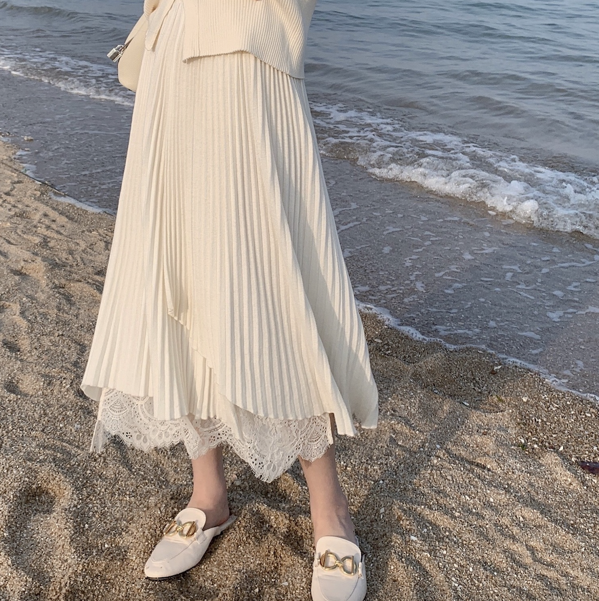 【即納】レースドッキングイレヘムプリーツスカート