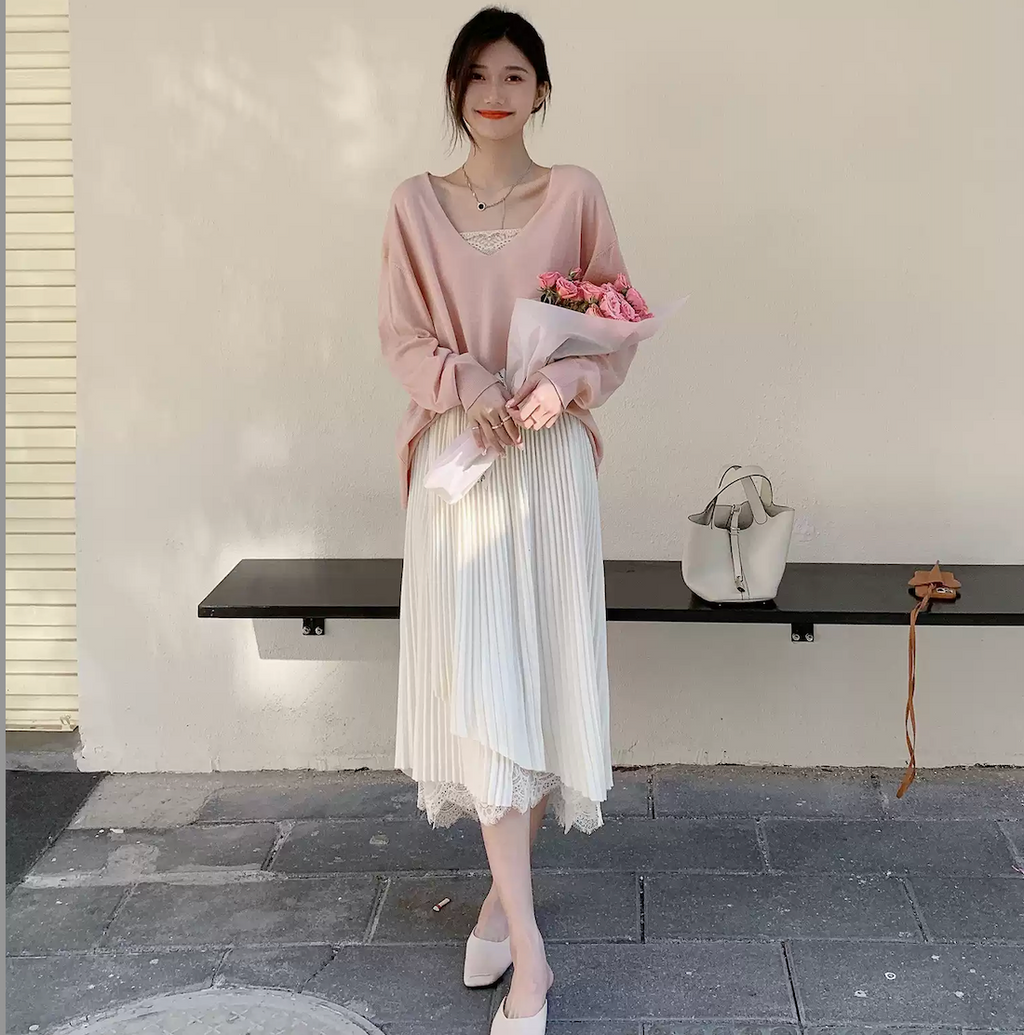 【即納】レースドッキングイレヘムプリーツスカート