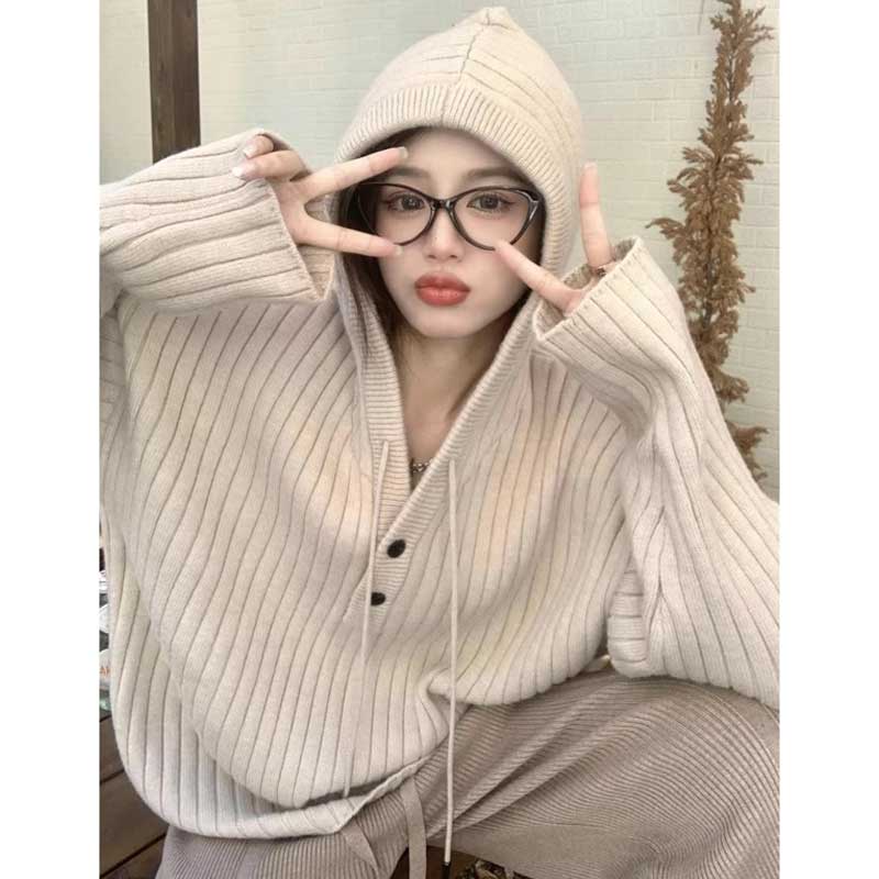 リブ編みフード付きプルオーバーニット(7colors)