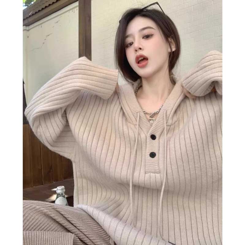 リブ編みフード付きプルオーバーニット(7colors)