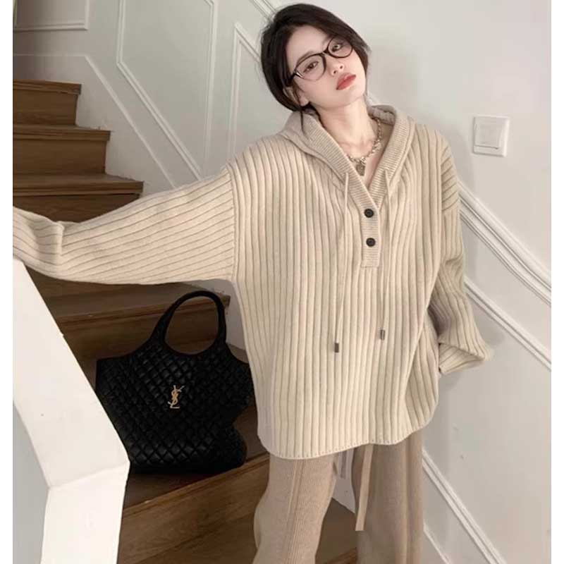 リブ編みフード付きプルオーバーニット(7colors)