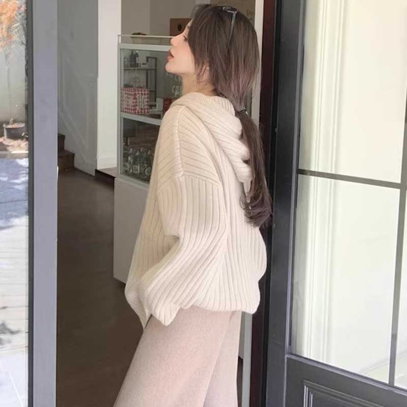 リブ編みフード付きプルオーバーニット(7colors)