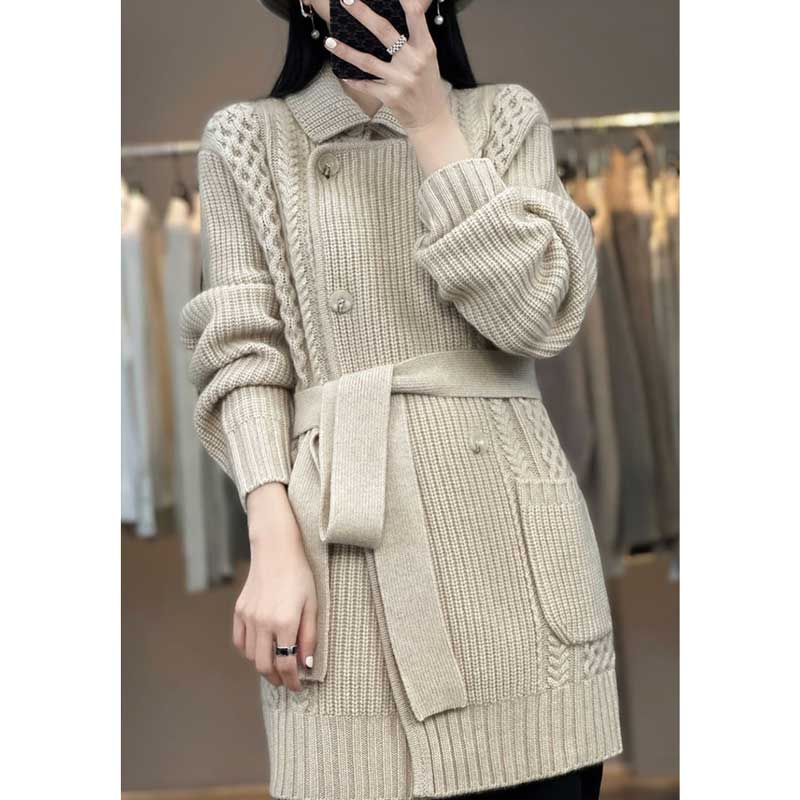 ケーブル編みニットロングカーディガン