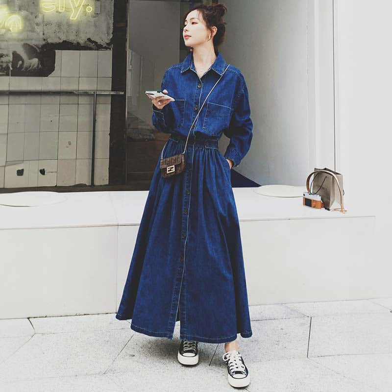 【即納】Aラインデニムシャツワンピース