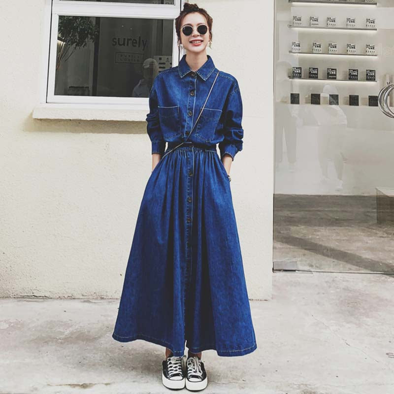 【即納】Aラインデニムシャツワンピース