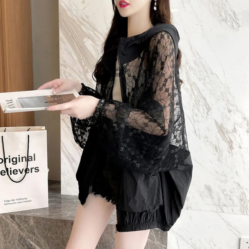 【Outer】2色選択可～大人シンプル無地レース切替ゆったりUVカット薄手カーディカン  Z-3685