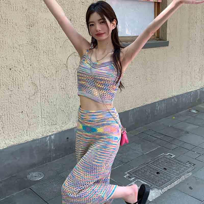 レインボーストライプストレッチニットセットアップ