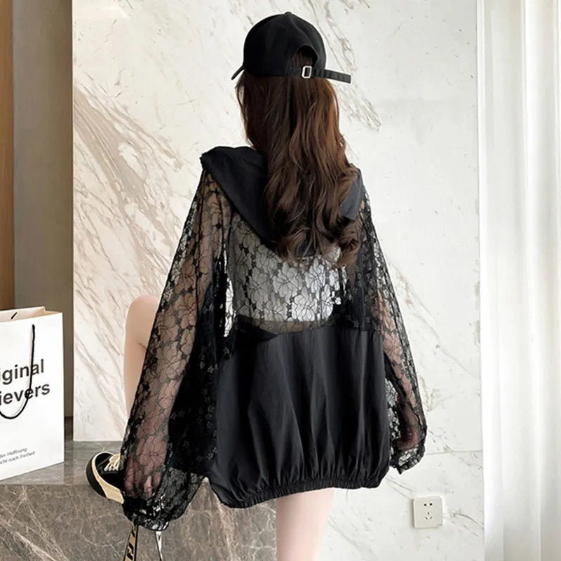 【Outer】2色選択可～大人シンプル無地レース切替ゆったりUVカット薄手カーディカン  Z-3685