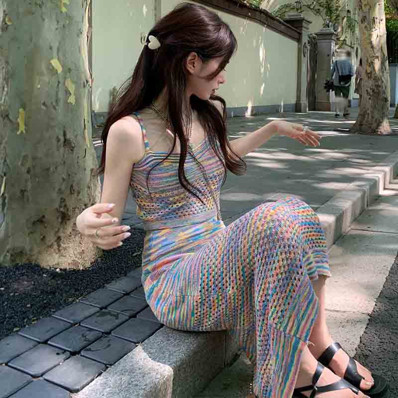 レインボーストライプストレッチニットセットアップ