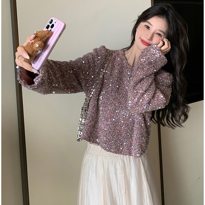 ラメ入りツイード風ショート丈トップス