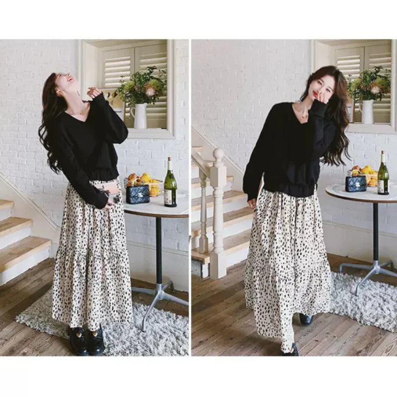 【即納】Vネックトップス×ダルメシアンスカートドッキングワンピース