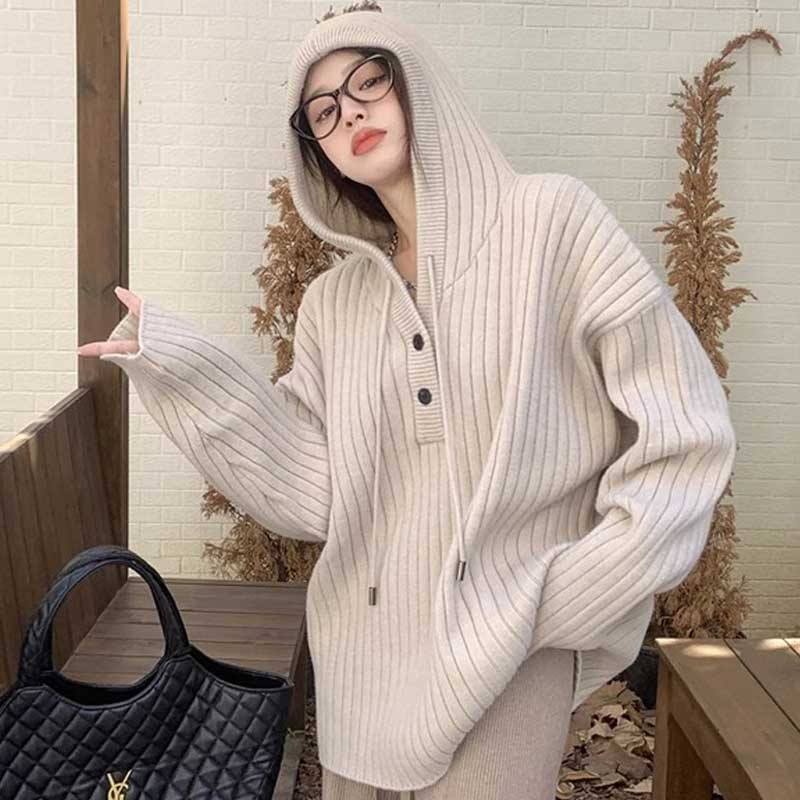 リブ編みフード付きプルオーバーニット(7colors)