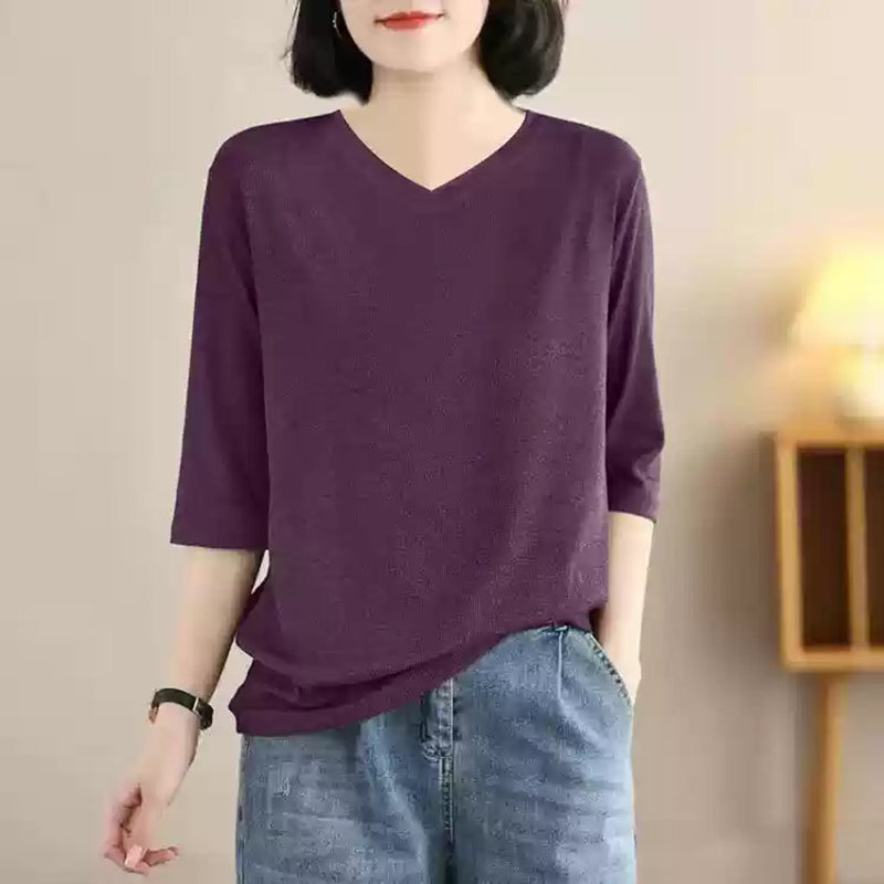 5colorsVネック五分袖ニットトップス