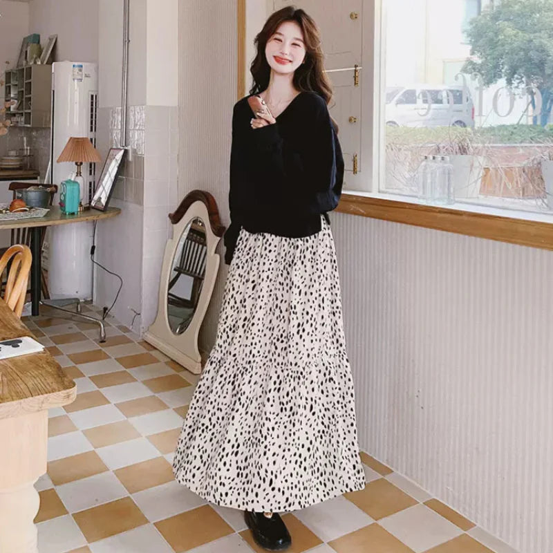 【即納】Vネックトップス×ダルメシアンスカートドッキングワンピース