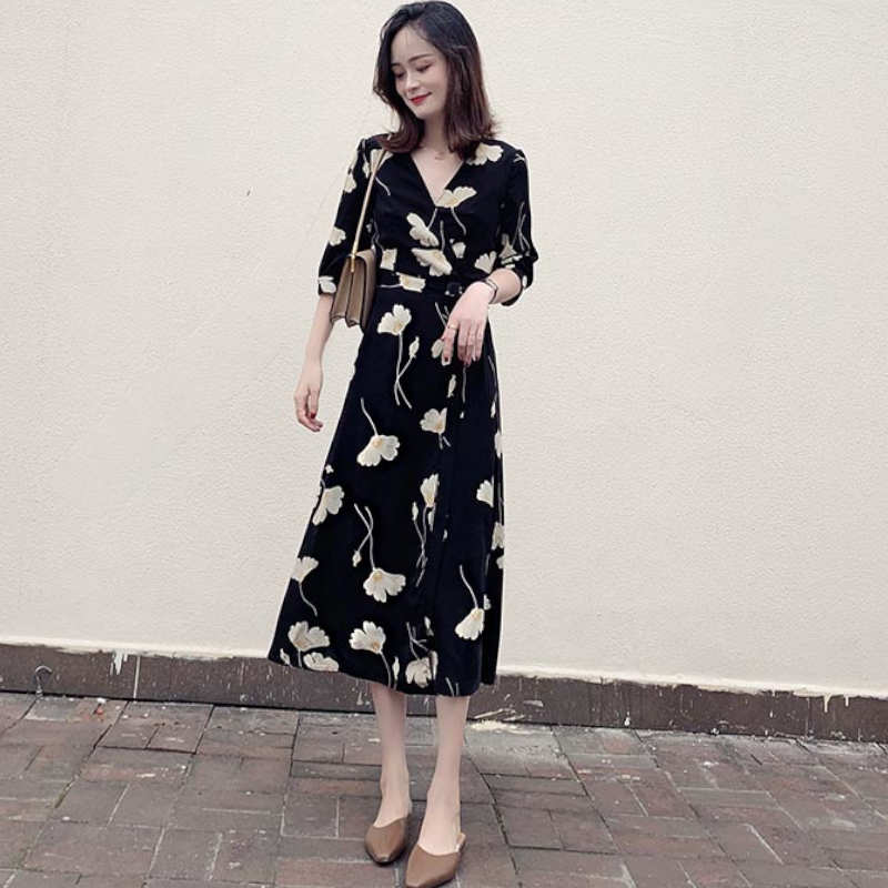 【即納】モダンフラワープリントカシュクールワンピース