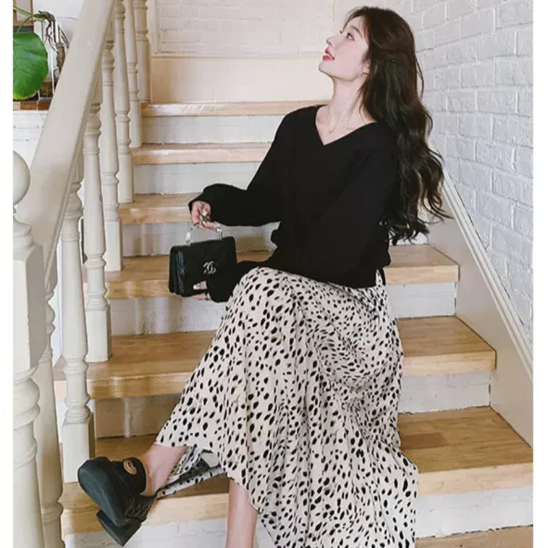 【即納】Vネックトップス×ダルメシアンスカートドッキングワンピース