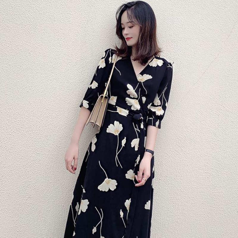 【即納】モダンフラワープリントカシュクールワンピース