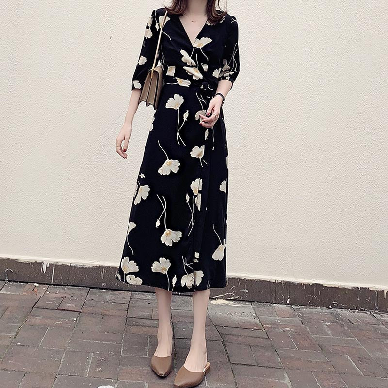 【即納】モダンフラワープリントカシュクールワンピース