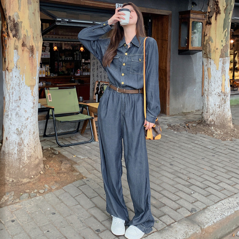 【即納】ベルト付きデニムオールインワン