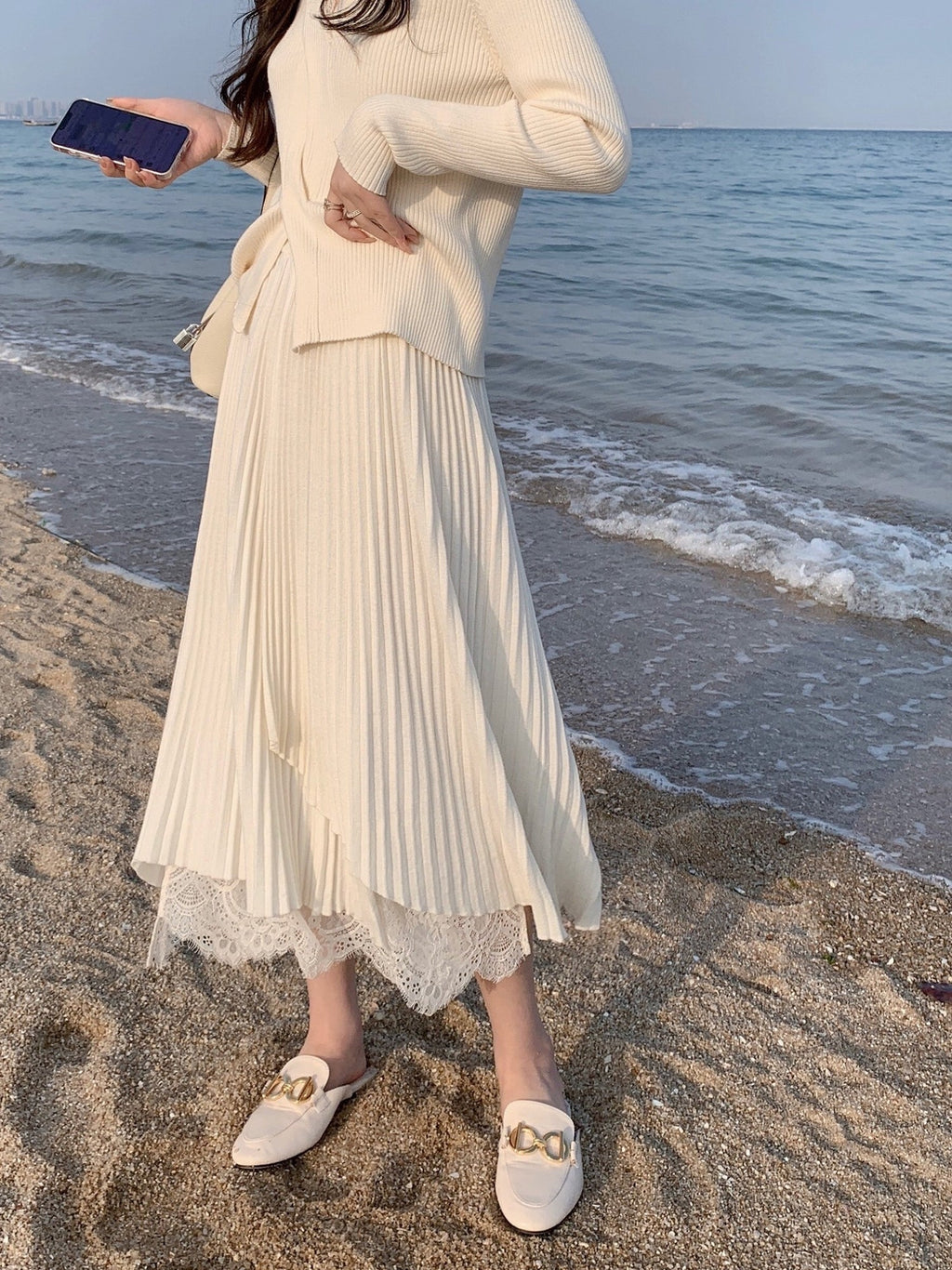 【即納】レースドッキングイレヘムプリーツスカート