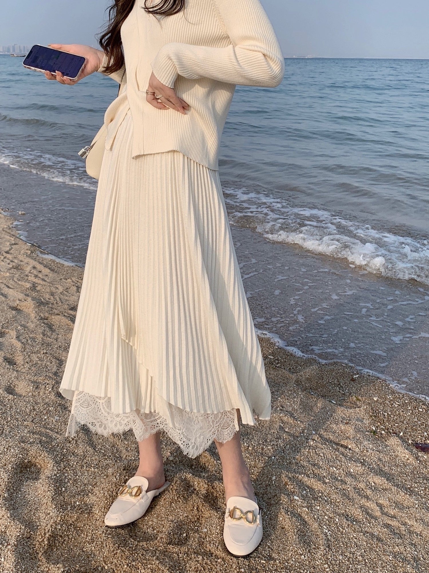 【即納】レースドッキングイレヘムプリーツスカート