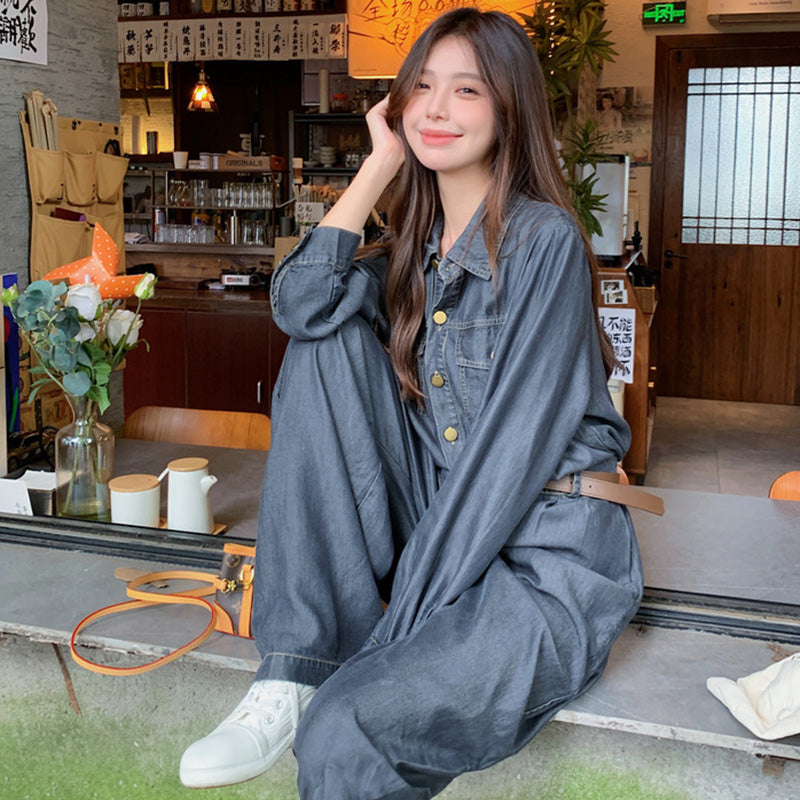 【即納】ベルト付きデニムオールインワン