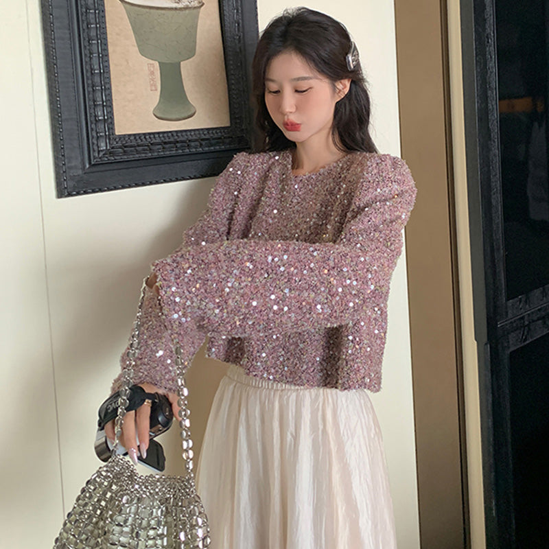 ラメ入りツイード風ショート丈トップス