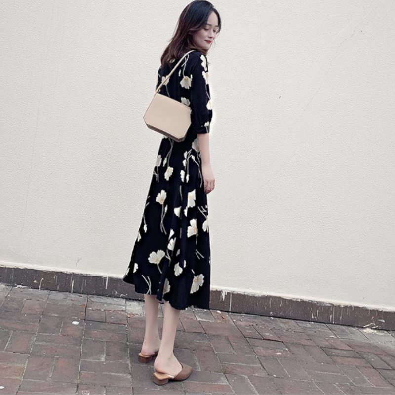 【即納】モダンフラワープリントカシュクールワンピース