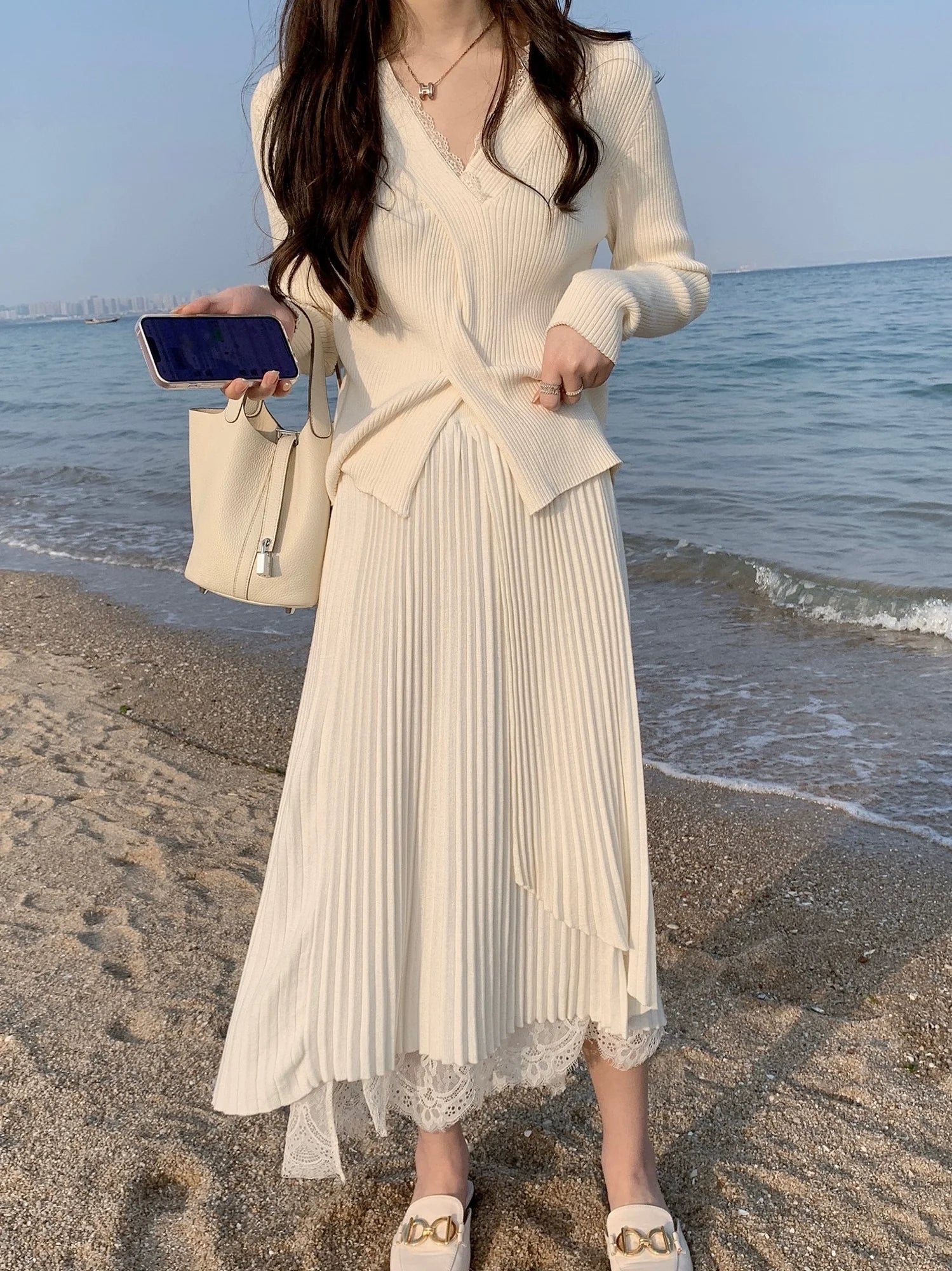 【即納】レースドッキングイレヘムプリーツスカート