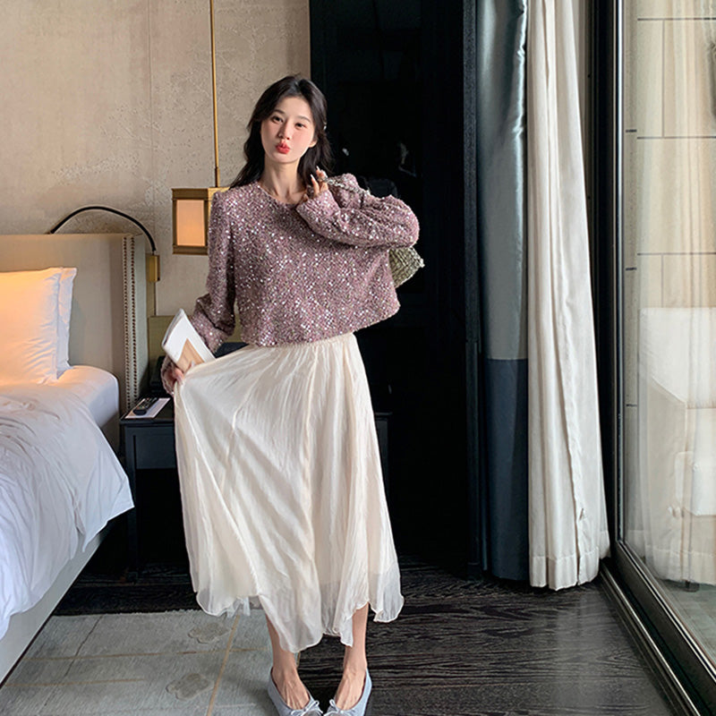 ラメ入りツイード風ショート丈トップス