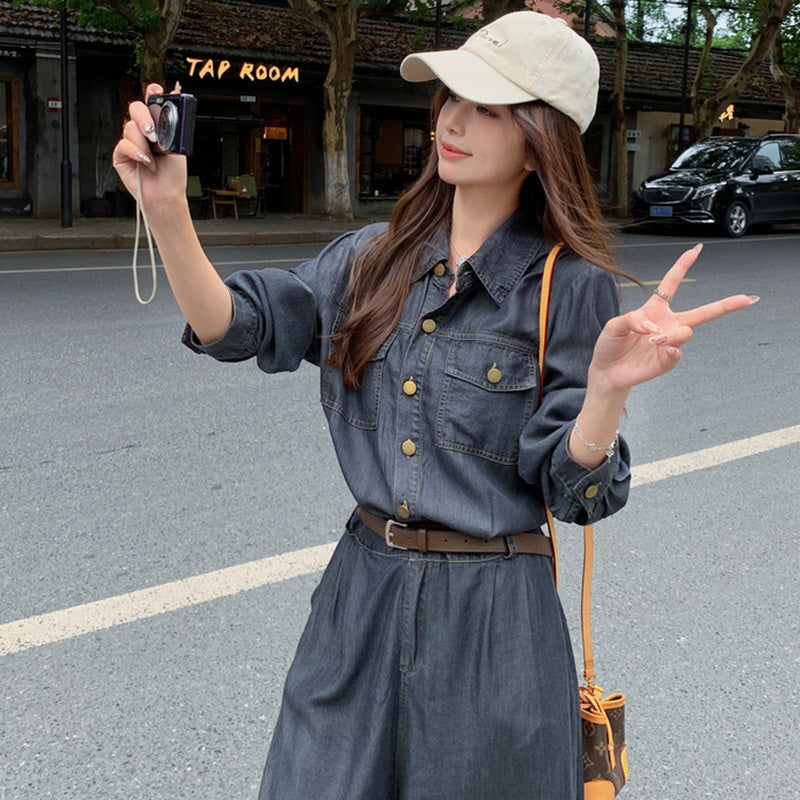 【即納】ベルト付きデニムオールインワン