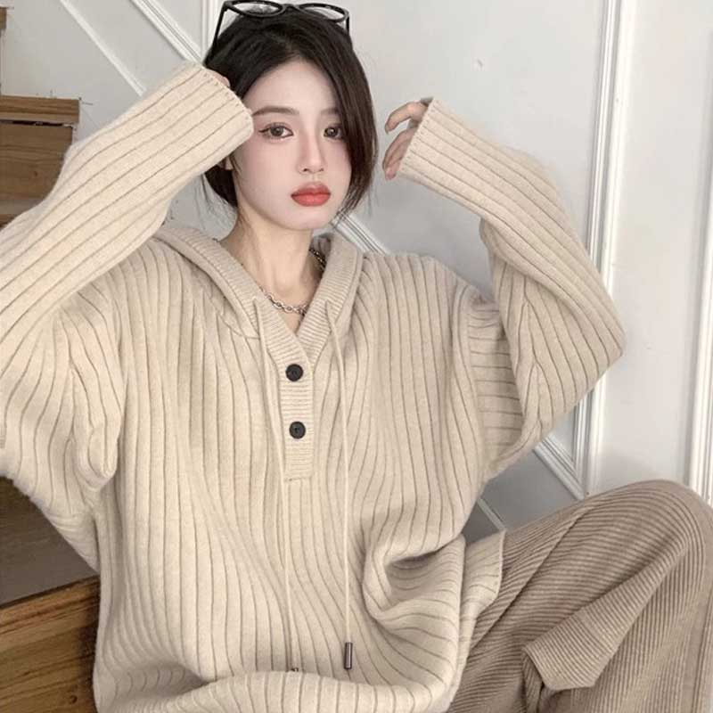 リブ編みフード付きプルオーバーニット(7colors)