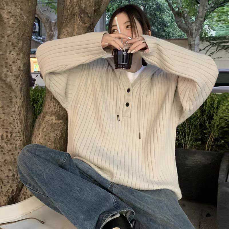 リブ編みフード付きプルオーバーニット(7colors)