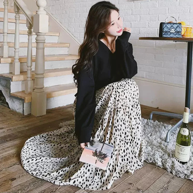 【即納】Vネックトップス×ダルメシアンスカートドッキングワンピース