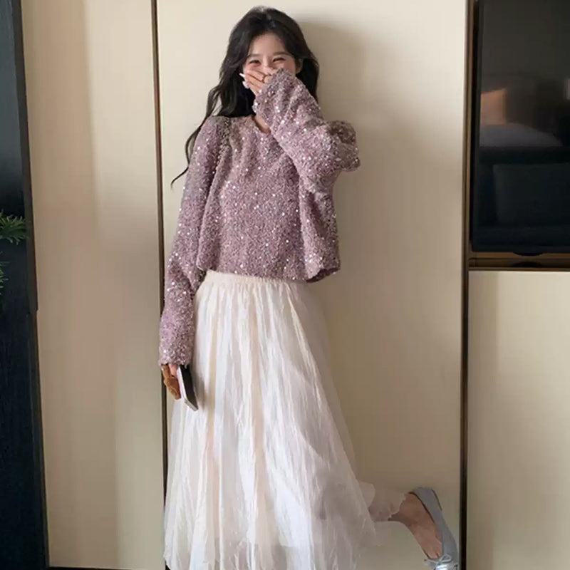 ラメ入りツイード風ショート丈トップス